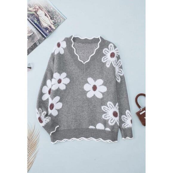 Women's Oversized V Neck Fuzzy Sweaters Grey Loose Long Sleeve Top - Picture 7 of 9